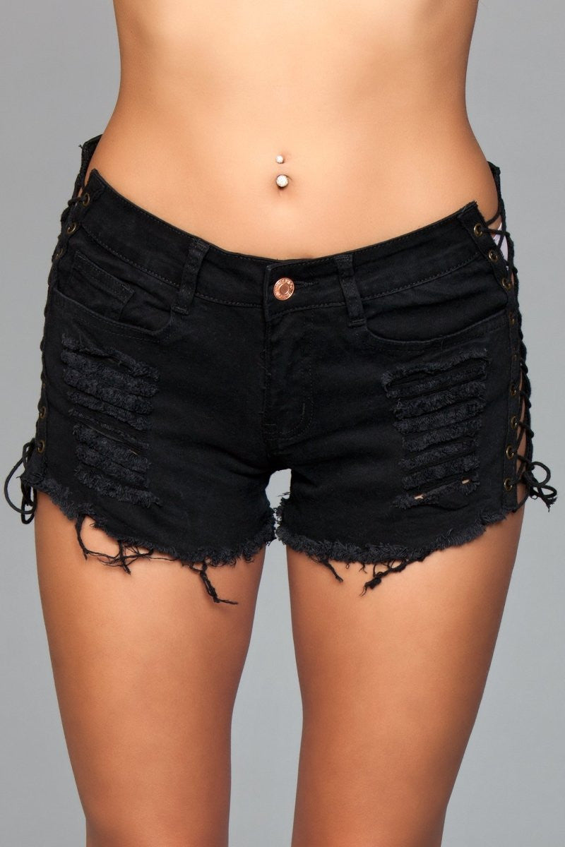 Low-Rise Distressed Frayed-Hem Lace-Up Zipper Denim Shorts
