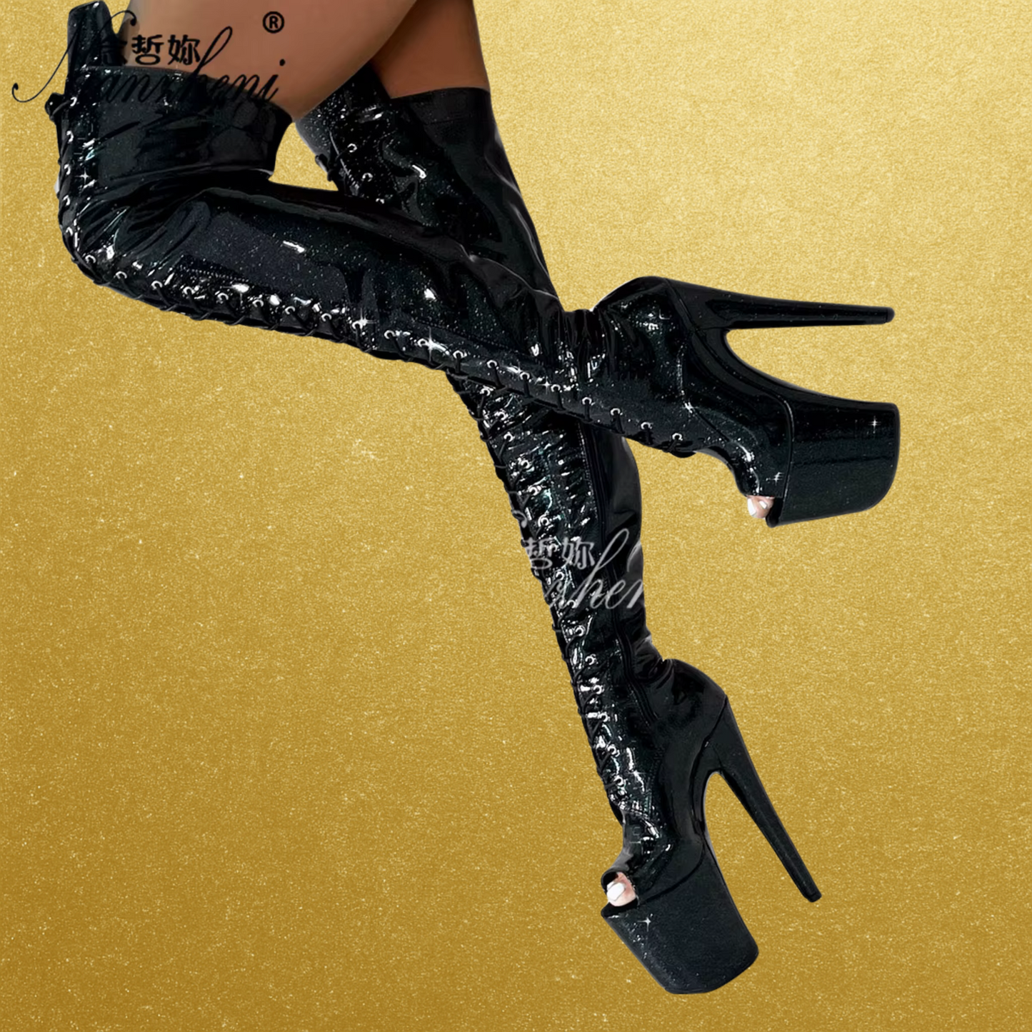 8in Queen Bling Thigh High Metallic Platform Boots