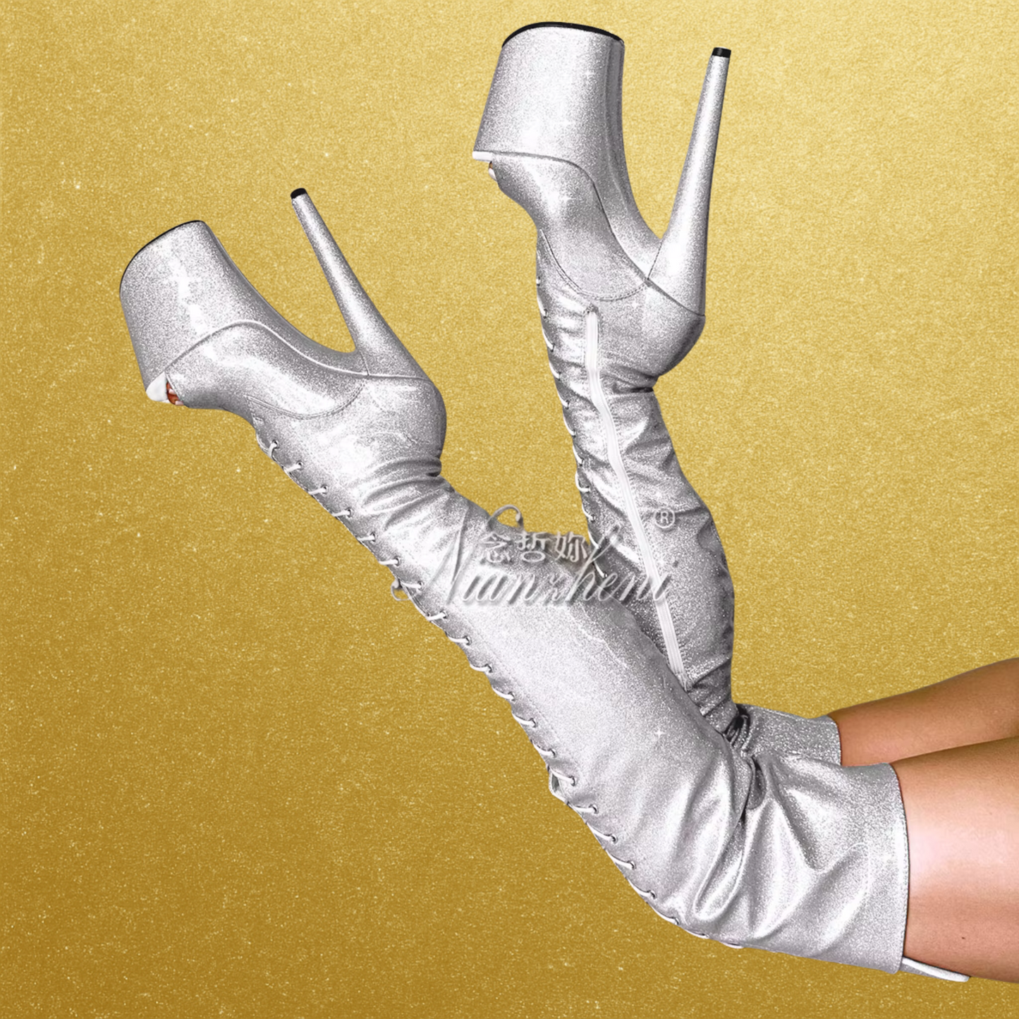 8in Queen Bling Thigh High Metallic Platform Boots