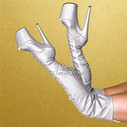 8in Queen Bling Thigh High Metallic Platform Boots
