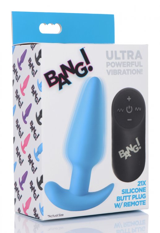 BANG! 21X VIBRATING SILICONE BUTT PLUG W/ REMOTE BLUE