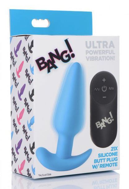 BANG! 21X VIBRATING SILICONE BUTT PLUG W/ REMOTE BLUE