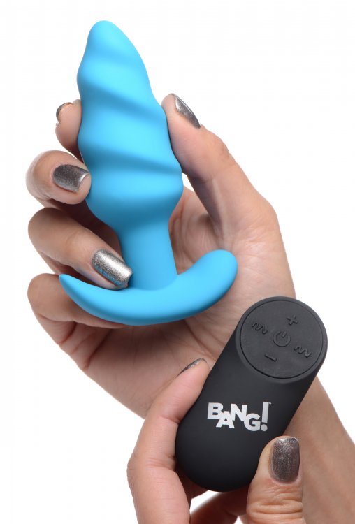 BANG! 21X VIBRATING SILICONE SWIRL BUTT PLUG W/ REMOTE BLUE