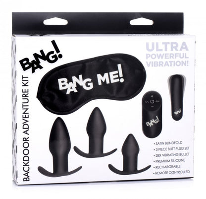 BANG! BACKDOOR ADVENTURE 3PC BUTT PLUG BULLET & BLINDFOLD KIT BLACK