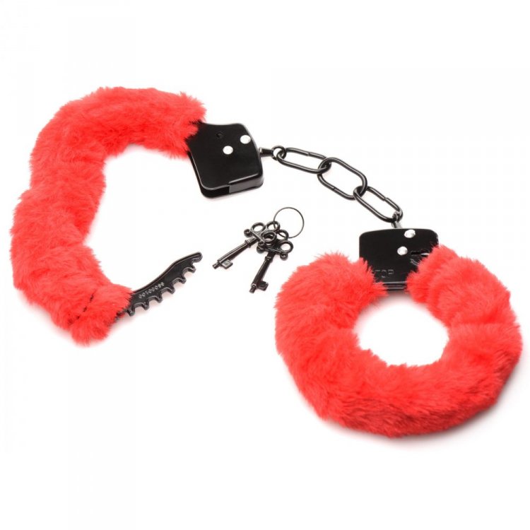 MASTER SERIES CUFFED IN FUR HANDCUFFS RED